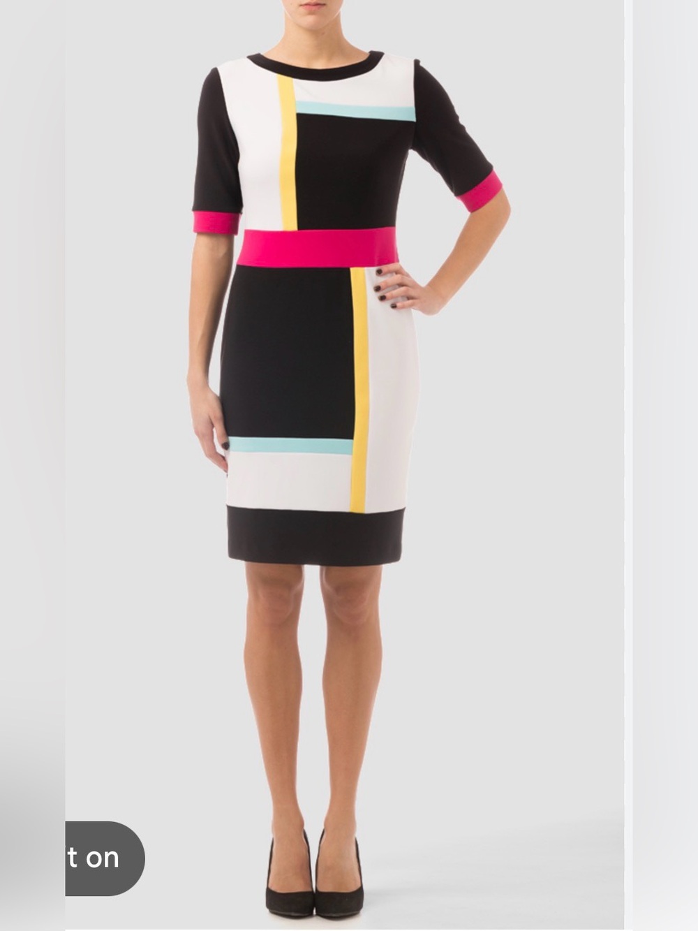 Joseph Ribkoff Black, Pink, Yellow, Teal Colorblock Geometric Sheath Dress